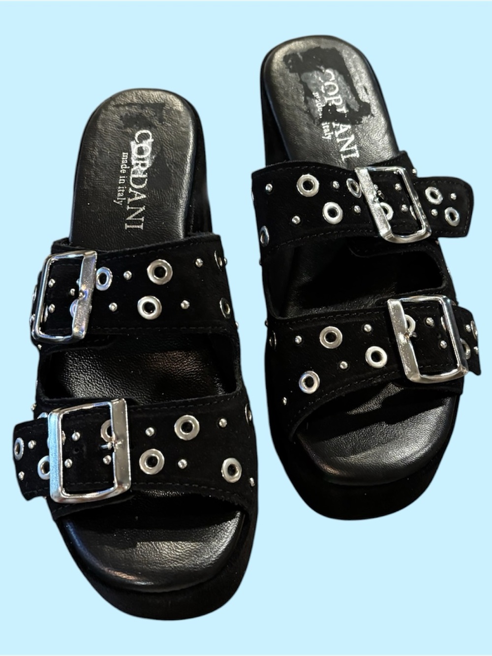 Cordani Black Suede Double Buckle Grommet Slides
